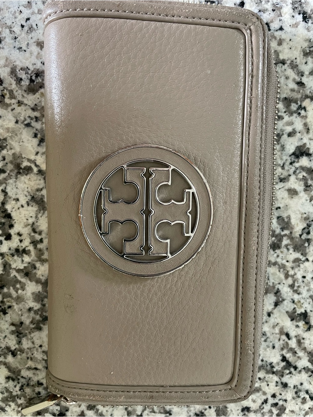 Tory Burch Leather Zip Wallet in Taupe Gray